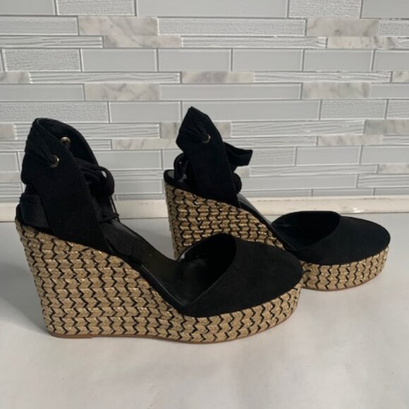 Black and Gold J Lo Espadrille Wedge Heels - Picture 2 of 6